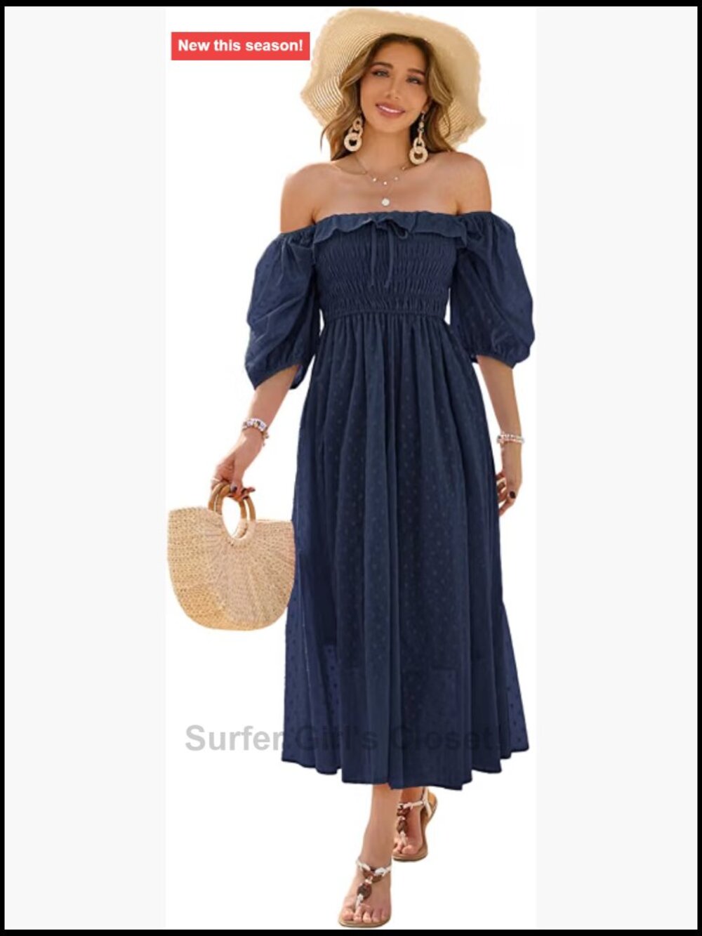 Women's Cotton A-Line Midi Dress Flowy Summer Puff Sleeve Square Neck Ruffle